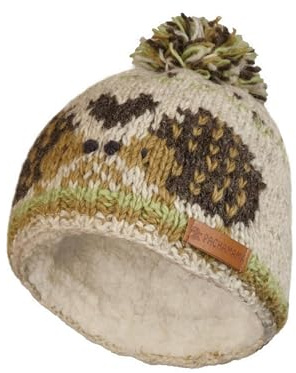 Pachamama kvinnor ull mössa mössa tofs hatt sherpa fleece fodrad handstickad rand igelkott mönster en storlek handgjord extra varm rättvis handel