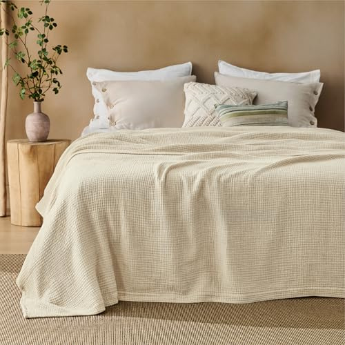 BEDSURE Musselin Decke 100% Baumwolldecke - Tagesdecke, Beige, 230x270 cm | 4-lagige Gazedecke für Couch, Atmungsaktiv und Leichte Sommerdecke, Kuscheldecke für Wohnzimmer, Schlafzimmer und Kinderwagen