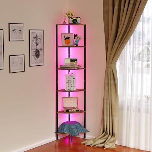 Lvhcmfohm Eckregal Stehend mit 6 Ebenen, Regal mit 16 Farben LED-Leuchten, Enthält Zwei Zubehörteile gegen Umkippen, Bücherregal, Büroregal, offene Ablagen, für Wohnzimmer, 172x30x30cm, Vintagebraun