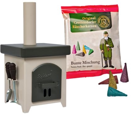 Crottendorfer Räucherkerzenofen Hüttenofen - aus Feinblech - Farbe: anthrazit/Elfenbein - inklusive Probepackung & Ofenbesteck - Höhe: 15cm - Made in Germany