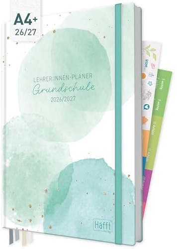 Häfft® Lehrerplaner Grundschule 2026/2027 im A4+ Format Hardcover - Schuljahr 12 Monate (Aug 26 - Jul 27) Lehrerkalender & Unterrichtsplaner für Klasse 1–4 Watercolor Dots