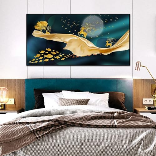 BPJSTU Luxuriöses Wandbild auf Leinwand, abstraktes Poster mit goldenem Geldbaum, Elch und Vollmond, dekorative Bilder für Zuhause (50 x 100 cm/rahmenlos)