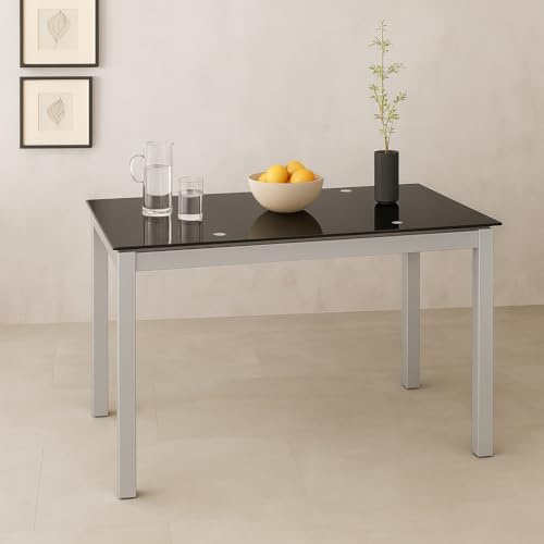 Meyvaser.com Ecommerce Company Mesa de Comedor Extensible Negra con Chasis Gris Plata – 110/170x70x75 cm – Tapa de Cristal Templado y Patas Metálicas – Diseño Moderno y Sofisticado