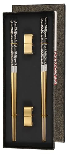 sourcing map 2 Pairs Stainless Steel Chopsticks, 23.5cm / 9.25 Metal Chop Sticks Square Lightweight Chopsticks Tableware Accessories Set for Home Hot Pot Cook, Black Gold with Gold Holder