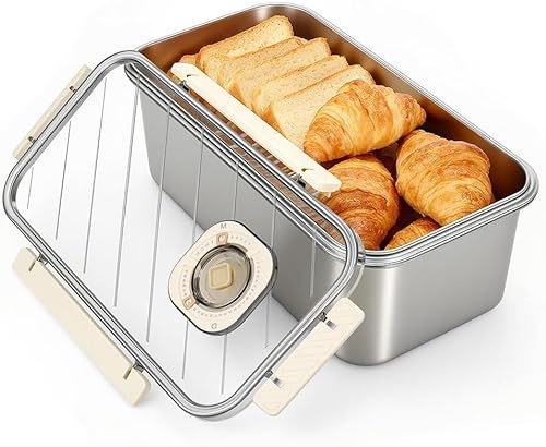 Gunolye Brotkasten aus Edelstahl mit Zeitschaltuhr, Brotkasten Groß, luftdichter Aufbewahrungsbehälter für selbstgebackenes Brot, Toast, Bagels und Kekse – Brothalter für die Küchenarbeitsplatte