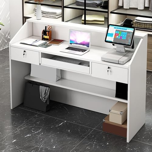 Moderno bancone per ricevimenti in legno con cassetti bloccabili, tavolo compatto per negozi, uffici, hotel e saloni, elegante scrivania per computer con spazio per riporre oggetti