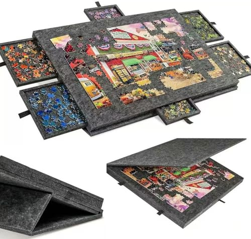 Pusselbräda med 6 lådor och lock, upp till 1500 bitar, lätt bärbar filtbräda med justerbart stativ, för vuxna barn Dark grey 1500 pieces