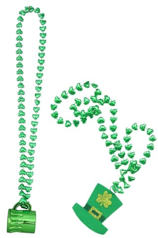 St Patricks Day gröna pärlhalsband set med 2 glas och hatt berlocker och hållbara smycken för fester och kostymer för vuxna och
