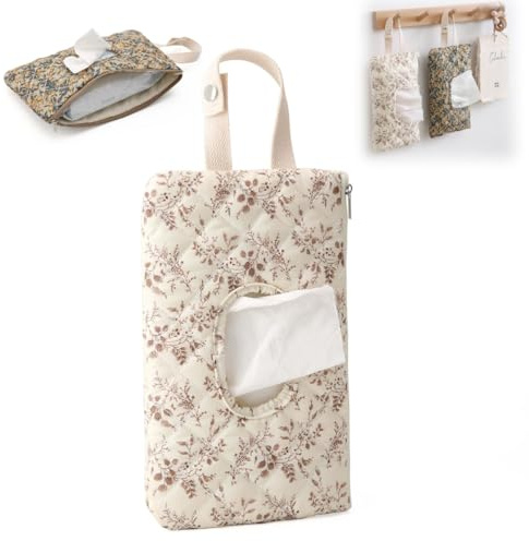 Portable Diaper and Wipes Pouch - Floral Refillable Wet Wipes Case with Lanyard for Home, and Travel (Beige)