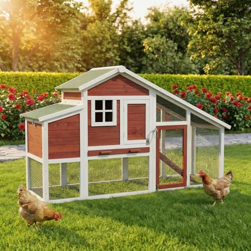 Miweba MyAnimal Hühnerstall MH-32 | 185x62x115 cm | Für 4 Hühner (Rot Weiß) | Winterfest | Vogelhaus | Hühnergehege mit Nistkasten | Voliere | Hühnerhaus | Freilaufgehege Huhn | Legenest | Vogelvoliere