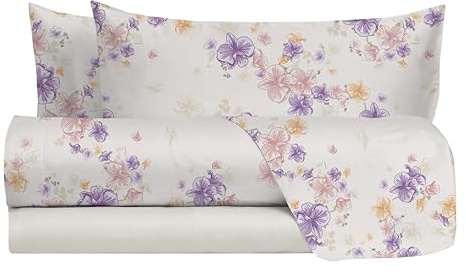 hermet Set Lenzuola Letto Matrimoniale In 100% Cotone Fantasia, Completo Letto 2 Piazze, Lenzuolo da Sopra + Lenzuolo con Angoli +2 Federe, Ginevra Avorio
