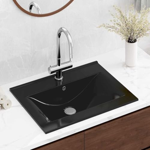 Lavabo di lusso in ceramica, rettangolare, nero, 60 x 46 cm, con foro per rubinetto, da incasso e sospeso, per bagno degli ospiti, piccolo lavandino da appoggio, design moderno