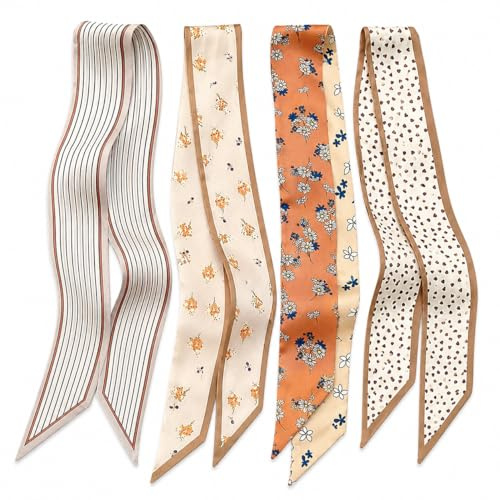 GHKJOK Skinny Scarf Set in Floral Stripes Polka Dots - 4-Piece Slim Hair Head Bandana Neckerchief for Women, Versatile Ribbon Styling Accessories, Lightweight Spring Summer Gift (Creamy Ditsy)