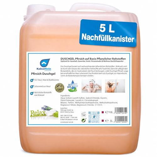 KaiserRein Duschgel Pfirsich 5 L Kanister, Nachfüllpack für Spender – Hair & Body Shampoo und Badezusatz, hautmild, vegan, mikroplastikfrei, für Haushalt, Hotel, Fitnessstudio & Wellness