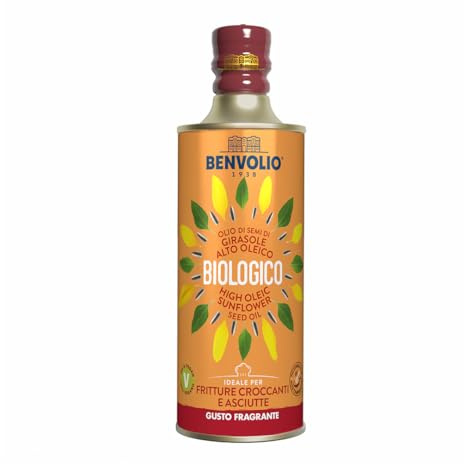 Huile de tournesol biologique à haute teneur en acide oléique - BENVOLIO 1938 500ml - Huile de friture riche en vitamine E HUILE DE TOURNESOL ORGANIQUE A HAUTE TENEUR EN OLÉICIDE