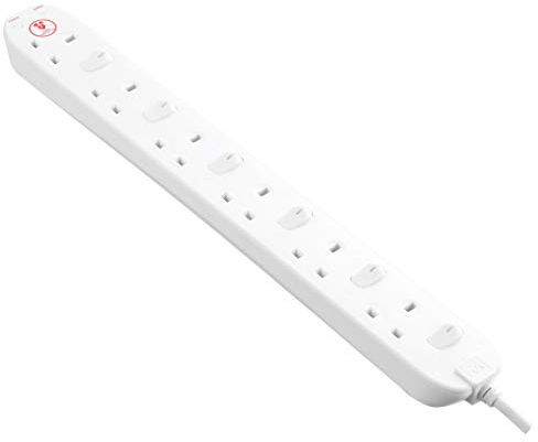 Masterplug Six Socket Extension Lead, 2 Metre Cable, Surge Protection, Individual Switches, Power and Surge LED Indicators, 6-Way Plug Extension Cable, Power Strip, White, 13A, 6G, 2m, SWSRG6210N