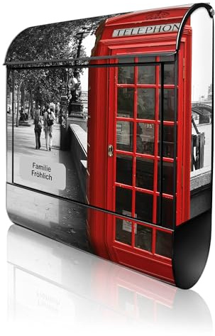 banjado Design Briefkasten personalisiert 38,5x46,5x13cm & 2 Schlüssel - Briefkasten Stahl Schwarz Zeitungsfach pulverbeschichtet - Postkasten A4 Einwurf inkl. Montagematerial - Motiv London Red Telep