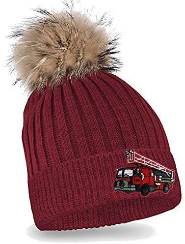Blackshirt Company Kinder Mütze Feuerwehrauto Strickmütze mit Bommel Beanie Feuerwehr Kappe