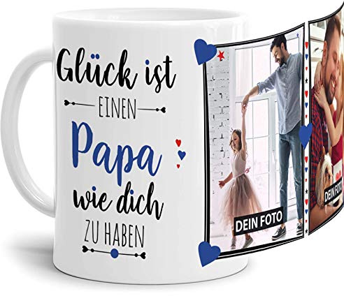 Tassendruck Fototasse mit Spruch für Papa - Glück ist, jemanden wie Dich zu haben - zum Selbst gestalten mit 2 Fotos, Weiß, 300 ml
