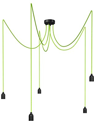 Relight Pendelleuchte 5-flammig Kraken (höhenverstellbar), E27 Lampenfassungen aus Bakelit, 5x 1.5 Meter Textilkabel Neon-Gelb