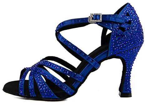 Syrads Scarpe da Ballo Latino da Ballo da Donna con Strass Salsa Tango Bachata Scarpe da Ballo al Coperto per la Festa Nuziale Prom,Blu 9cm Heel,37 EU