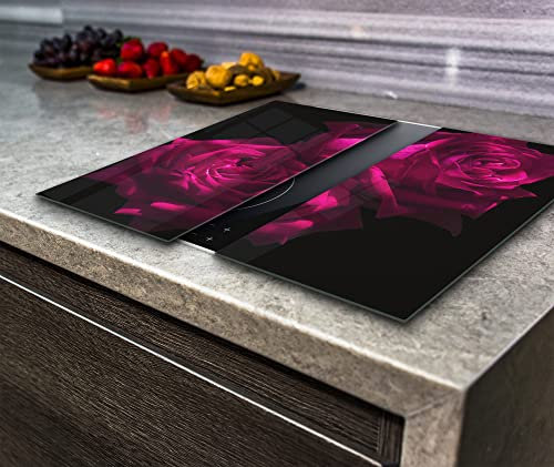Lot de 2 couvercles de plaque de cuisson électrique à induction en verre trempé, rose violette sur fond noir, verre VA Art (2 x largeur 40 x hauteur 52 cm)