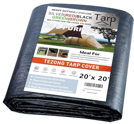 TEZONG Lona impermeable resistente de 20 x 20 pies, cubierta de lona de plástico negro para lluvia de emergencia, muebles de patio, madera, techo, camping, coche, piscina, 12 mm de grosor