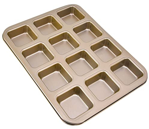 Natudeco Moule à brownie 12 cavités carrées Mini gâteau antiadhésif en acier au carbone Muffin Bakeware Cupcake Pain diviseur Moule Mini moules à pain pour la cuisson au four(Or)