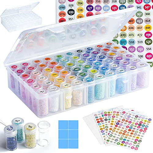 Diamond Painting Aufbewahrungsbox Set mit 60 Gläsern, Zubehör Koffer 447 Farben Sticker und Wachs