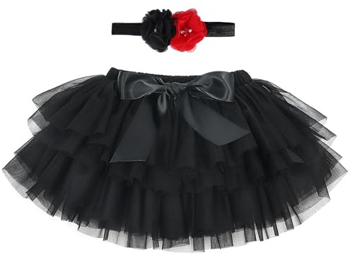 Bébé Tout-Petit Enfant Fille Tutu Princesse Mini Jupe Super Doux Tulle Taille Élastique Ballet avec Protège-Couche + Bandeau 1-2 Ans Mois, Noir L
