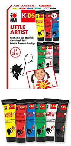 Marabu KiDS Little Artist, 6 x 36 ml Künstlermal- und Bastelfarbe für Kinder ab 3 Jahren, Kindermalfarbe auf Wasserbasis, auswaschbar, vegan, glutenfrei, Made in Germany, 0305000000101