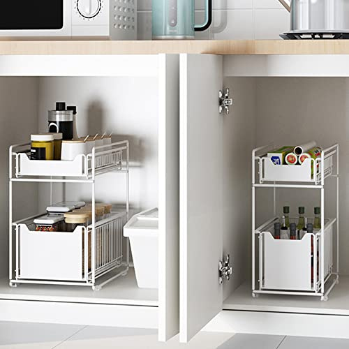 HUOLE Schubladenregal, mit 2 Körben, Unterschrank Organizer, Küche und Bad, Korbauszug,37,4 * 26,5 * 44cm (weiß)-2PC