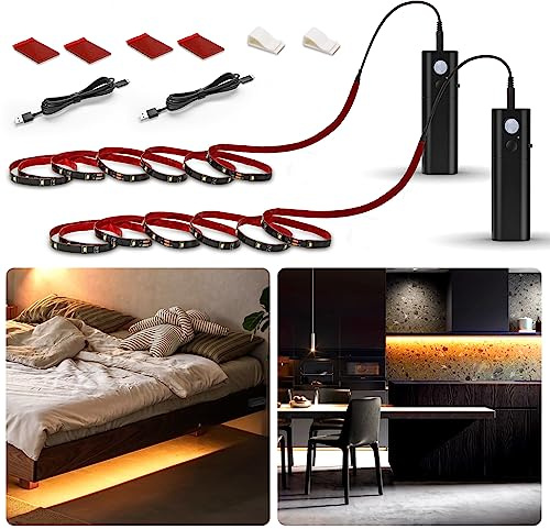 WOBANE Rechargeable Motion Sensor Strip Light, LED Closet Lights, Upgraded Battery Operated LED Strip Light for Wardrobe,Stair,Pantry,Cabinet,Cupboard,Bed,Locker,2700K Warmwhite,Black,6.56ft,2 Pack