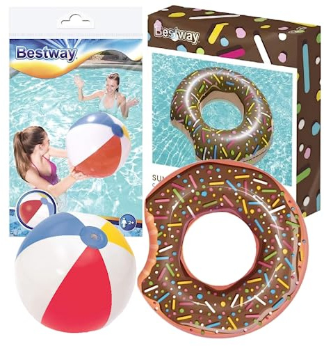 Inflatable Swimming Pool Float Bundle - 42inch Brown Donut Pool Ring Swim Float & 20inch Multi-coloured Beach Ball for Holiday Games. Pool Inflatables for Kids for Adults with Topline Card.