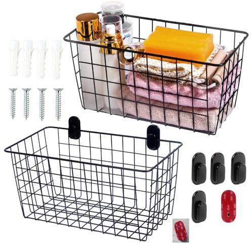 2 Pack【Extra Large】Hanging Kitchen Basket,Wire Storage Basket,with Traceless Tape and 3M High-Strength Plastic Hooks,no Drilling,for Cabinet Storage,Kitchen,Bathroom,Storage Room,large capacity