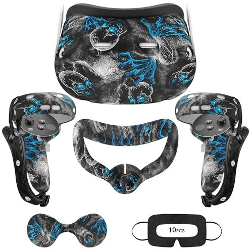 VR Silicone Case Compatible with Meta/Oculus Quest 2, VR Accessory Set, Include Controller Grip Leather Cover, VR Shell Cover, Face Cover, Lens Cover & 10PCS Disposable Eye Cover