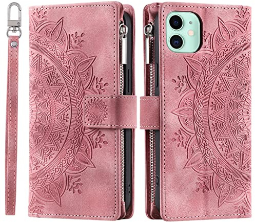VEEMOS Handyhülle für iPhone 12 Mini hülle Klappbar Blumen Handytasche Schutzhülle Klapphülle mit Kartenfach Handy Tasche Book Cover Flip Case Ständer - Rosa