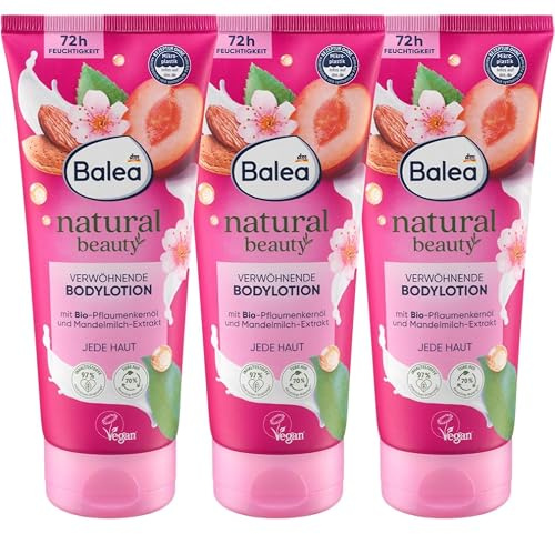 Balea 3er-Set: Natural Beauty Bodylotion Pflaume & Mandelmilch, 3 x 200 ml | Verwöhnende Pflege mit Bio-Pflaumenkernöl & Mandelmilch-Extrakt. Bis zu 72 h Feuchtigkeit für normale bis trockene Haut.
