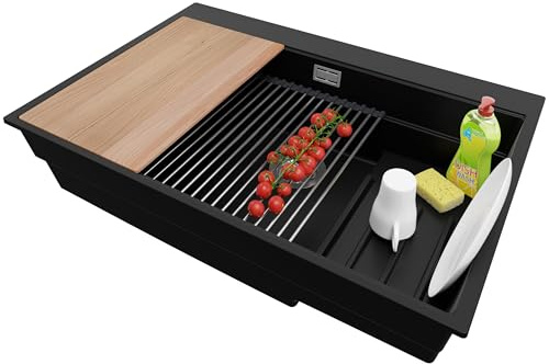 PRIMAGRAN Evier Cuisine en Granit au Meuble 80cm + Kit de Vidage, 78x53cm | Set: Kit de Vidage (Siphon, bonde d’évacuation, trop-plein) + Lavabo 1 Bac - Oslo, Noir