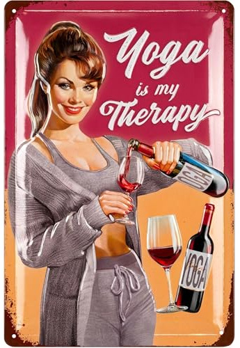 LANOLU Retro Blechschild WEIN YOGA, Bild Küche, Schilder mit Sprüchen, Retro Deko, Küchenbilder, Weinkenner Geschenk, Weindeko, Vintage Metallschild 20x30cm