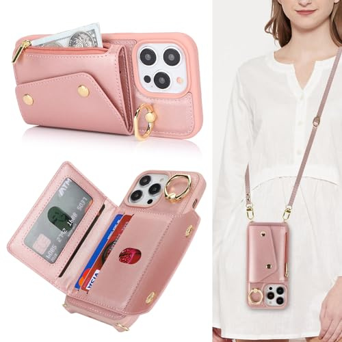 Lipvina Skyddsfodral för iPhone 15 Pro Max med kortfack och remmar, dragkedjefack, nackband, kreditkortshållare, stativ, sött mobiltelefonfodral för kvinnor (roséguld, 17,5 cm)