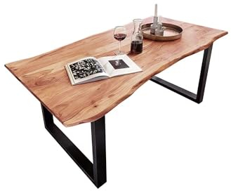 Bett11 SAM B-Ware Esstisch 260x100 cm Mundra, Baumkantentisch aus Akazienholz, massiv + naturfarben, U-Metallgestell Schwarz, Esszimmertisch mit echter Baumkante