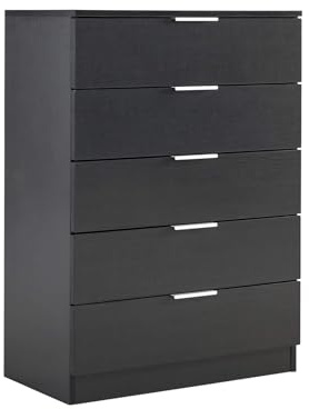 Home Source Phoenix Tall 5 Drawer Chest of Drawers, Black– Contemporary Storage Cabinet – Smooth Metal Runners & Bar Handles – 63Wx35Dx90H cm