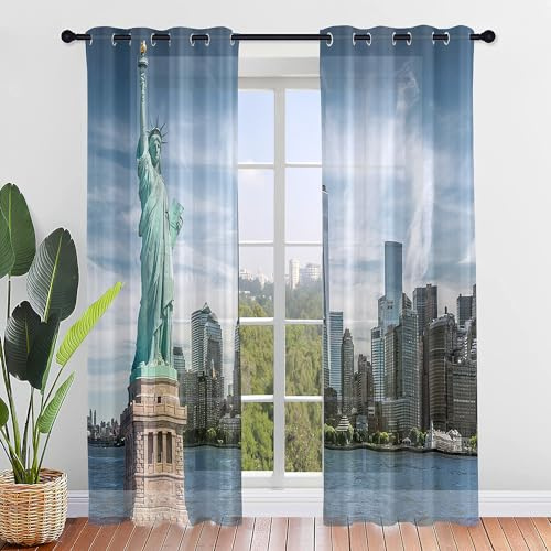 Odot Transparent Gardinen 2er Set Voile Vorhänge mit Ösen, Sheer Vorhang mit Stadtgebäude Druck, Ösenschal Fensterschal für Wohnzimmer Schlafzimmer Sonnenlichtfilterung (140x213cm,New York)