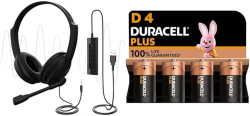 USB Headset with Microphone for PC Laptop, Adjustable Noise Cancelling Business Office Headsets & Duracell Plus D Batteries (4 Pack) - Alkaline 1.5V - 100% Life Guaranteed - Reliability For Everyday