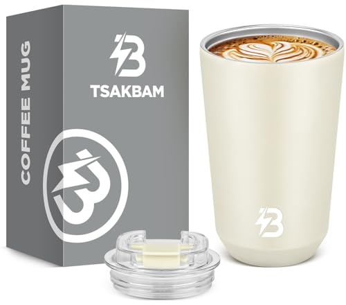 TSAKBAM Kaffeebecher to Go Thermo 360ml, Edelstahl Thermobecher Kaffee to Go Auslaufsicher, Thermotasse mit Deckel Doppelwandig Isoliert(Beige)