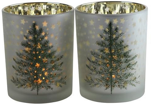 Christmas Tree Candle Holders - Frosted Glass Tealight Votive Holder - Set of 2