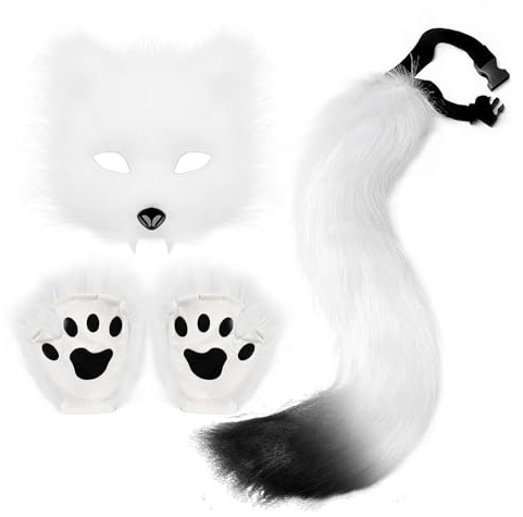 Fgbetcv Katzenmaske und Schwanz Set, pelzige Tier-Wolfsmaske, langes Schwanz Cosplay-Kostüm für Halloween, Weihnachten, Karneval, Bühne (Weiß)