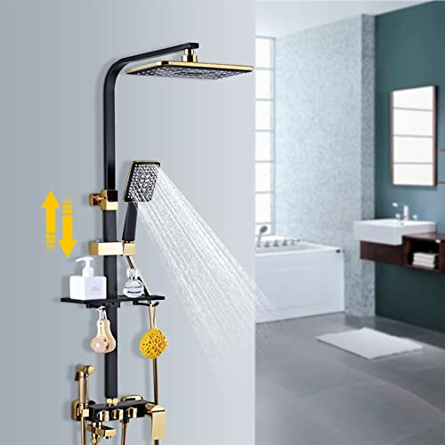 HUSPOO Regendusche Duschset Dusche Handbrause Schwarz Gold Dusche Handbrause Duschsystem mit Kopfbrause, Edelstahl Duschsäule Einstellbare Höhe 75-120cm