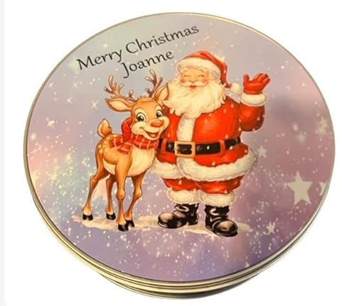 Personalised Round Christmas Scene Tin, For Sweets, Biscuits, Jewellery, Keepsake. Any name can be added. Supplied empty ready to fill. Size 15cm x 5cm.